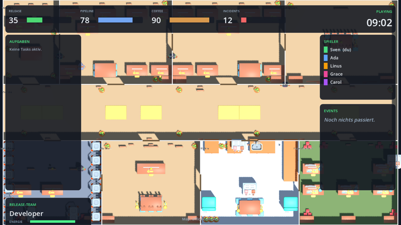 Godot-3D-Client mit Office-Complex-Map: 9 Räume, ~390 Möbelstücke, 5 Spieler im HUD