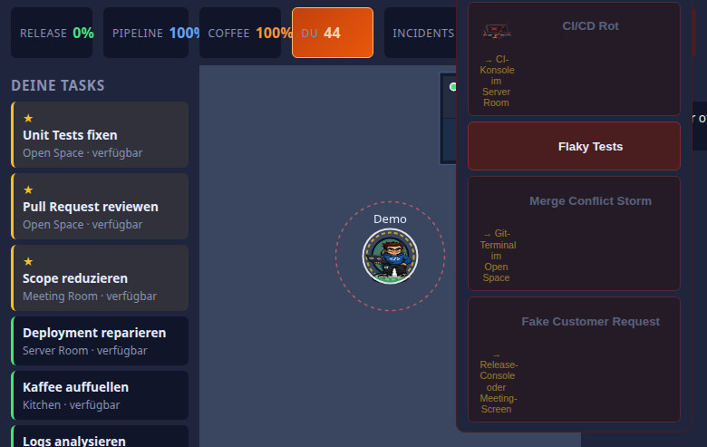 In-Game HUD mit persönlichen Tasks und Coffee-Pille